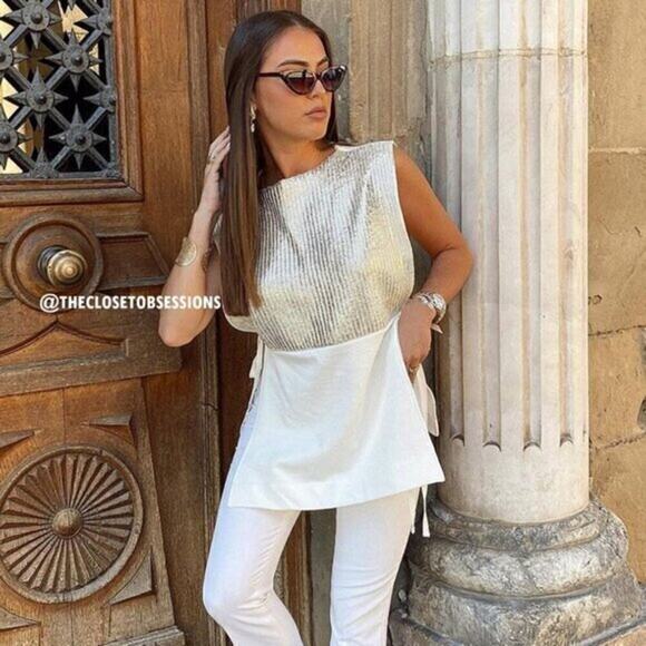 ✨ ZARA Metallic Open-Side Vest NWT | Ecru Cotton Blend Adjustable Tie M - Picture 4 of 15